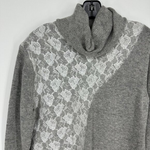 Soft Surroundings Turtleneck Floral Lace Asymmetrical Sweater Relaxed Fit Gray - Picture 4 of 6